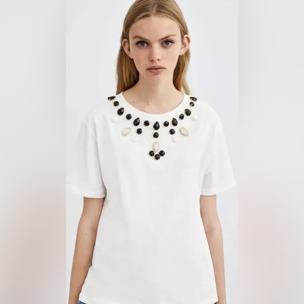 Zara Women’s Crewneck Short Sleeve Tee with Beads White Sz S